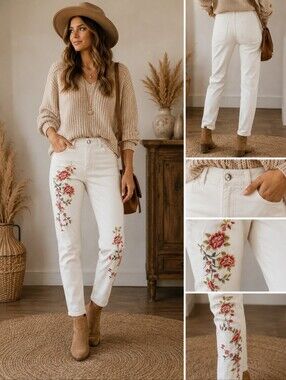 DG2 Diane Gilman Virtual Stretch White Floral Embroidered Skinny Jeans Size 2
